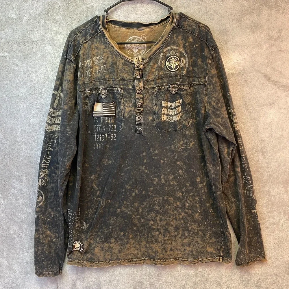 Affliction 2XL Long Sleeve Henley Black Brown Distressed Graphic Shirt